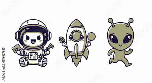 Cute Cartoon Astronaut, Rocket, and Alien Characters on White Background.