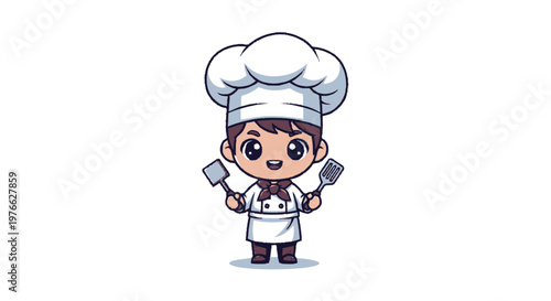 Cartoon Chef Holding Spatulas Ready for Cooking Delicious Food.