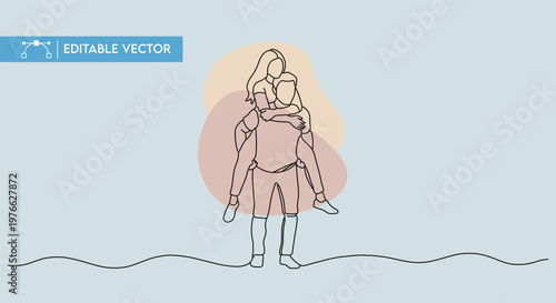 Minimalist vector illustration showing a happy man carrying his girlfriend on his back during dating.