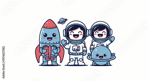 Cute Cartoon Astronauts and Rocket Ship Exploring the Galaxy.