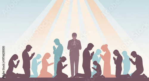 Diverse group of people praying together in worship with divine light shining down