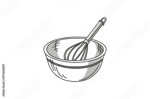 Simple line drawing of a mixing bowl with a wire whisk inside