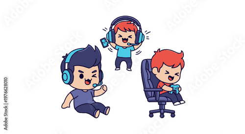 Cartoon Gamers Playing Video Games with Headsets and Joypads.