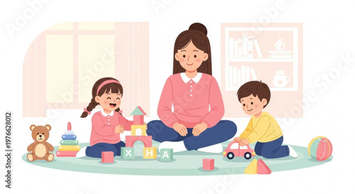 Mother and children playing with colorful toys on a green mat in a cozy home environment