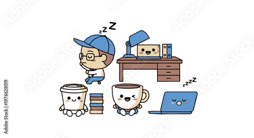 Cute Cartoon Character Sleeping Next to Coffee Cup and Laptop.