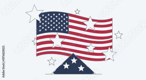 American flag waving with stars on white background symbolizing patriotism and freedom