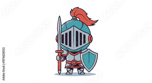 Cartoon Knight in Armor with Sword and Shield Posing Proudly.