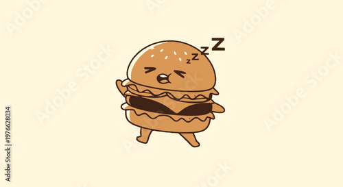 Cartoon Hamburger Character Sleeping Peacefully After a Big Meal.