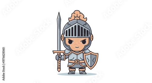 Cartoon Knight with Sword and Shield Ready for Battle.