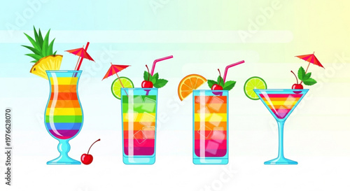 Colorful cocktails with umbrellas and fruit garnishes on a pastel background