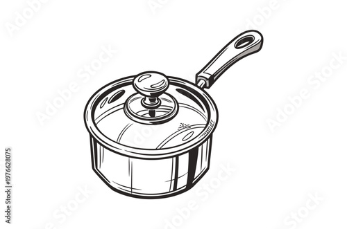 Detailed illustration of a stainless steel saucepan with a glass lid