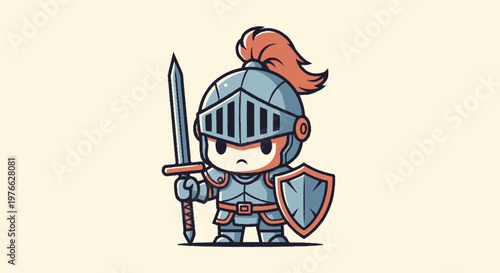 Cartoon Knight with Sword and Shield Ready for Battle.