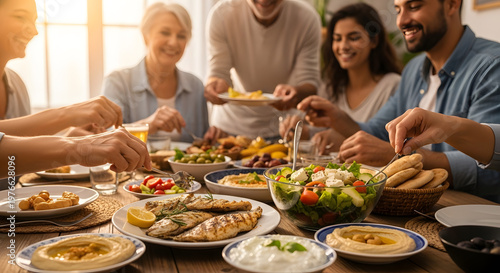 Group of people sharing a healthy meal with fish and various dips