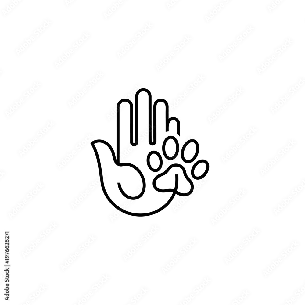 Fototapeta premium Minimal line icon of human hand and animal paw.