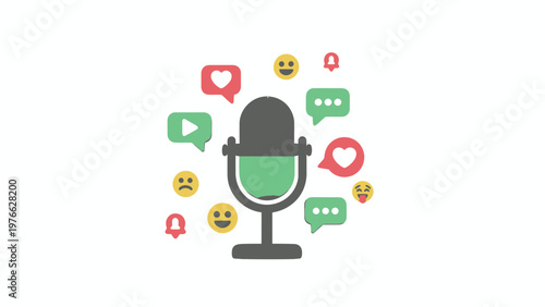 Colorful Microphone Surrounded by Social Media Icons and Symbols.