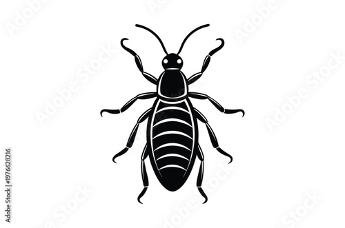 A stylized black and white illustration of an insect resembling a wasp