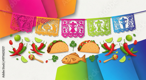 Vibrant mexican fiesta elements with tacos chilies and colorful papel picado banners on white background