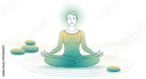 Serene woman meditates cross legged on water with glowing aura surrounded by stones