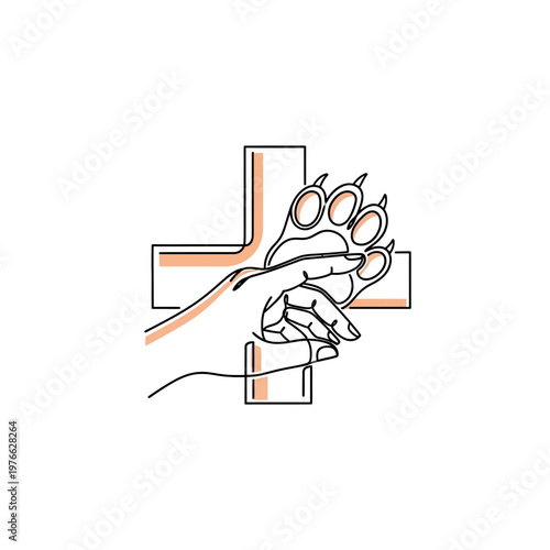 Human hand and animal paw clasped before Christian cross in minimalist line art.