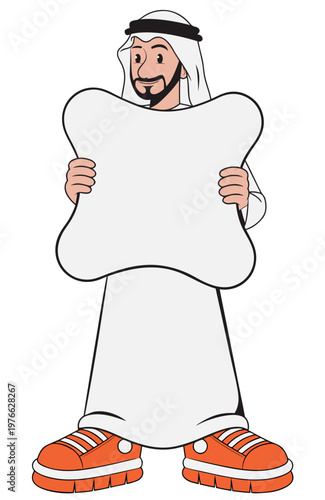 A playful cartoon figure dressed in traditional Middle Eastern attire, holding a large blank sign. The character’s look is humorously contrasted by oversized bright orange sneakers.