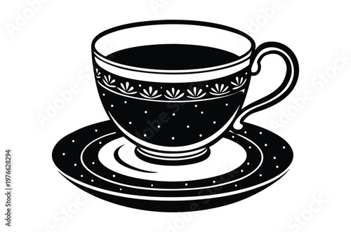 A black and white illustration of a teacup and saucer