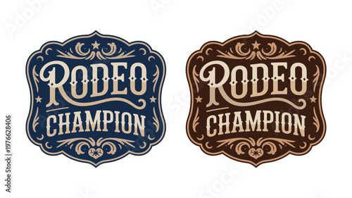 Rodeo champion cowboy label belt buckle vector design, ornate bull rider medal with vintage western typographic emblem for ranch branding, apparel, and retro badge graphics
