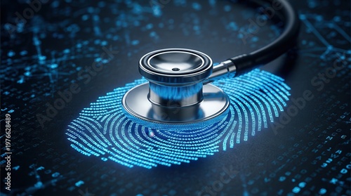 The critical issue of medical cybersecurity, showing a stethoscope on a glowing fingerprint linked to patient data and device access.