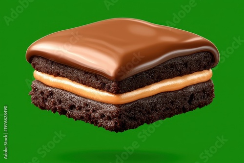Chocolate Brownie with Peanut Butter Filling on Green Background Close Up Studio Shot