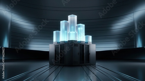 Curved data-hall interior showcasing a futuristic server rack and pedestal, symbolizing scalable model deployment for enterprise.