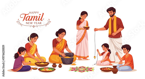 Family members are depicted in a vibrant, colorful vector illustration celebrating the Tamil New Year, with women preparing food and children playing, set against a light background