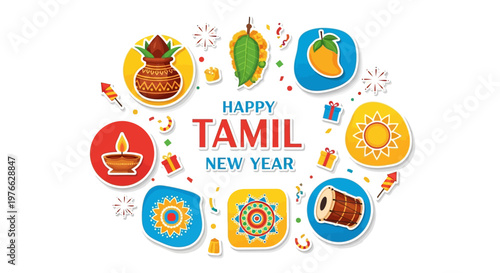 Festive Tamil New Year illustrations arranged in a circle on white showcase traditional symbols like mangoes and diyas with vibrant colors, conveying a celebratory mood for the Puthandu