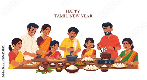 Festive vector showing a Tamil Puthandu illustration with a family celebrating the Tamil New Year festival together around a table laden with traditional foods, set against a clean white