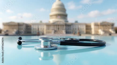 A metallic stethoscope prominently displayed on a reflective surface, signifying policy change and healthcare reform against the backdrop of the nation's capitol.