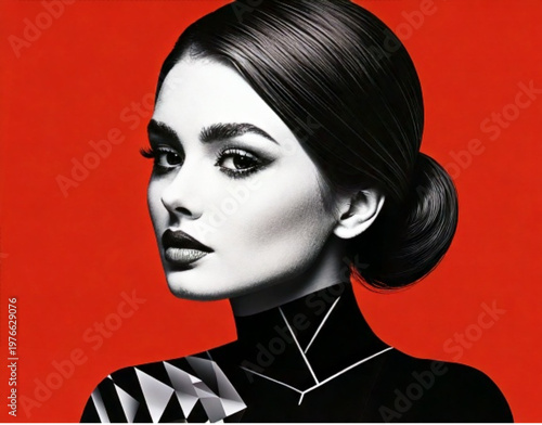 Elegant Woman with Dark Hair and Bold Makeup on Red Background.