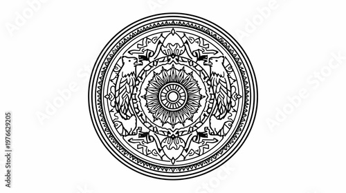 A detailed, intricate circular emblem with traditional patterns and stylized motifs, rendered in black and white line art.