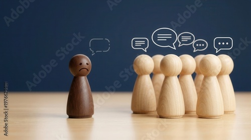 A sad wooden figure feeling loneliness and isolation, symbolizing mental health challenges from group exclusion and discrimination in society, work, or school.