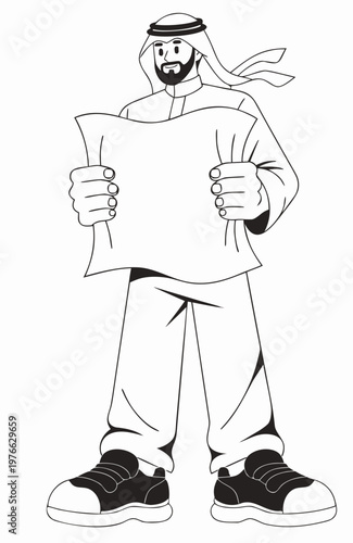 Black-and-white cartoon of a person in traditional Middle Eastern attire with a keffiyeh and robe, wearing modern sneakers, holding a large sheet or map.