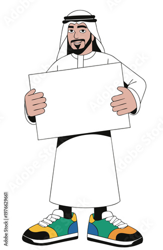 A cartoon figure in traditional Middle Eastern attire (white thobe, keffiyeh with agal) holds a blank sign, contrasted by colorful modern sneakers.