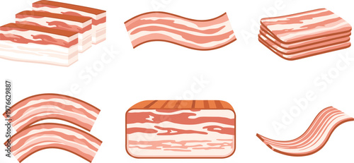 Bacon Illustration Set with Raw Pork Belly Strips and Slices for Meat Food Ingredient Cooking and Breakfast Design Collection