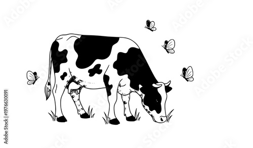 Cute spotted cow with butterflies black white farm vector
