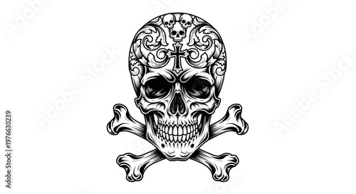 Intricate ornamental skull with crossbones and ornate decorative patterns symbolizing danger death and gothic