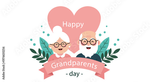 Joyful grandparents day illustration featuring a smiling elderly couple with glasses framed by a pink heart and green