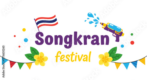 Vibrant songkran festival celebration with water gun thai flag and festive bunting symbolizing joyful water splashing