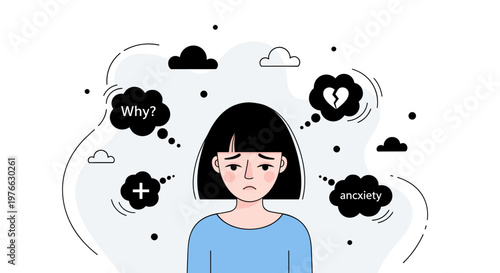 Woman with troubled thoughts and emotions mental health concept anxiety and sadness broken heart and question marks