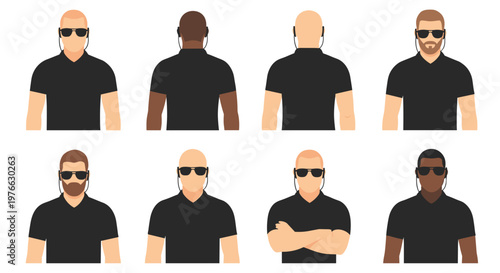 Diverse group of security guards with sunglasses and earpieces wearing black polo shirts front and back views