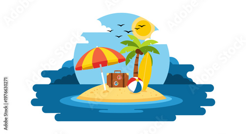 Tropical island vacation paradise with palm tree surfboard beach umbrella suitcase and beach ball bathed in warm