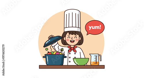 Joyful cartoon chef girl wearing toque happily cooking delicious food in pot with steam rising saying yum illustrated