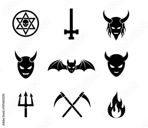 Collection of occult symbols and demonic icons including inverted cross pentagram devil faces trident scythes bat