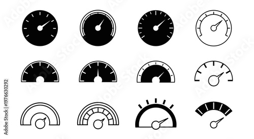 Collection of diverse black and white speedometers and gauges circular and semi circular designs