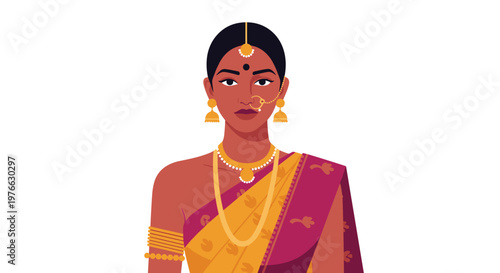 Elegant indian woman in traditional yellow and purple saree adorned with gold jewelry featuring a serene expression